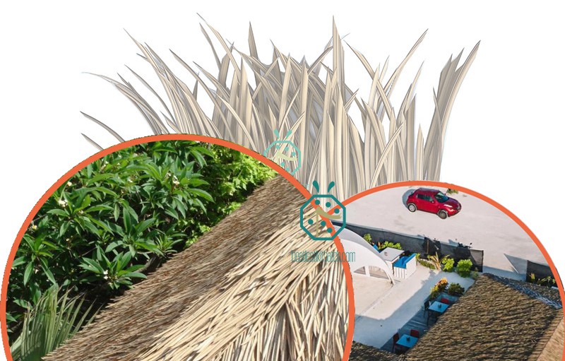 정원 창고, 리조트 팔라파, 티키 오두막 레스토랑, 테마파크 발리 오두막, 비치 하우스, 정자, 수상 방갈로 건설에 사용되는 합성 코곤 잔디 초가지붕